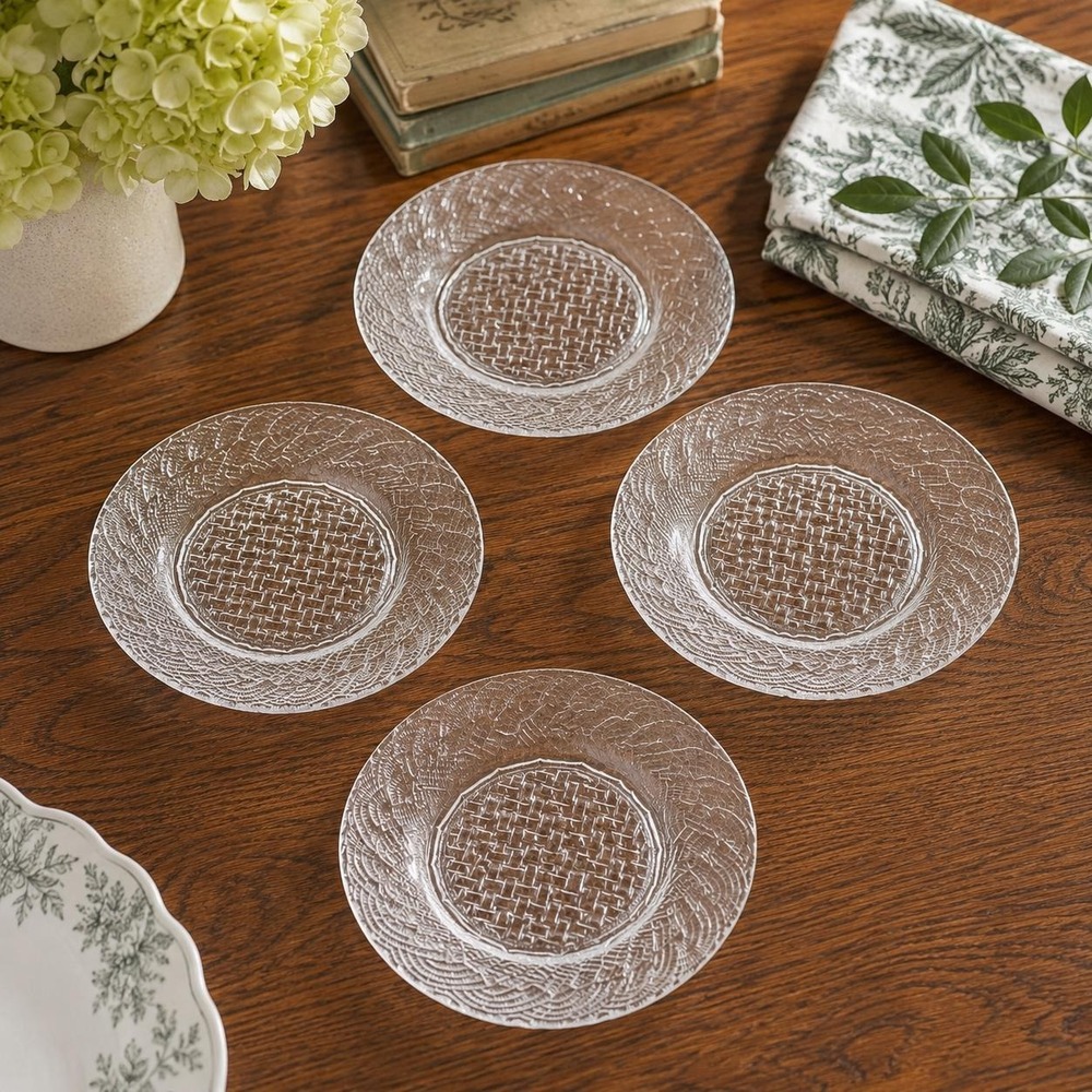 Pasari Indonesia‎ (4) Clear Glass Saucers Plates 6" Basketweave Wave VTG 90s